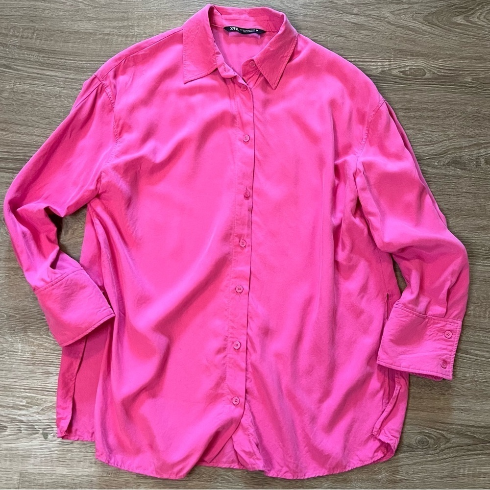 ZARA Women’s Button-Down Shirt Tunic XS Pink Long Sleeve Tencel Barbiecore​​​​​